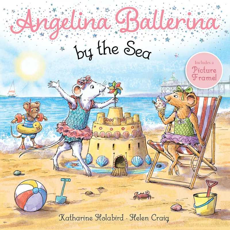 paperback book titled 'Angelina Ballerina by the Sea'. Angelina is on the cover building a sandcastle while her brother is looking to take a swim. 