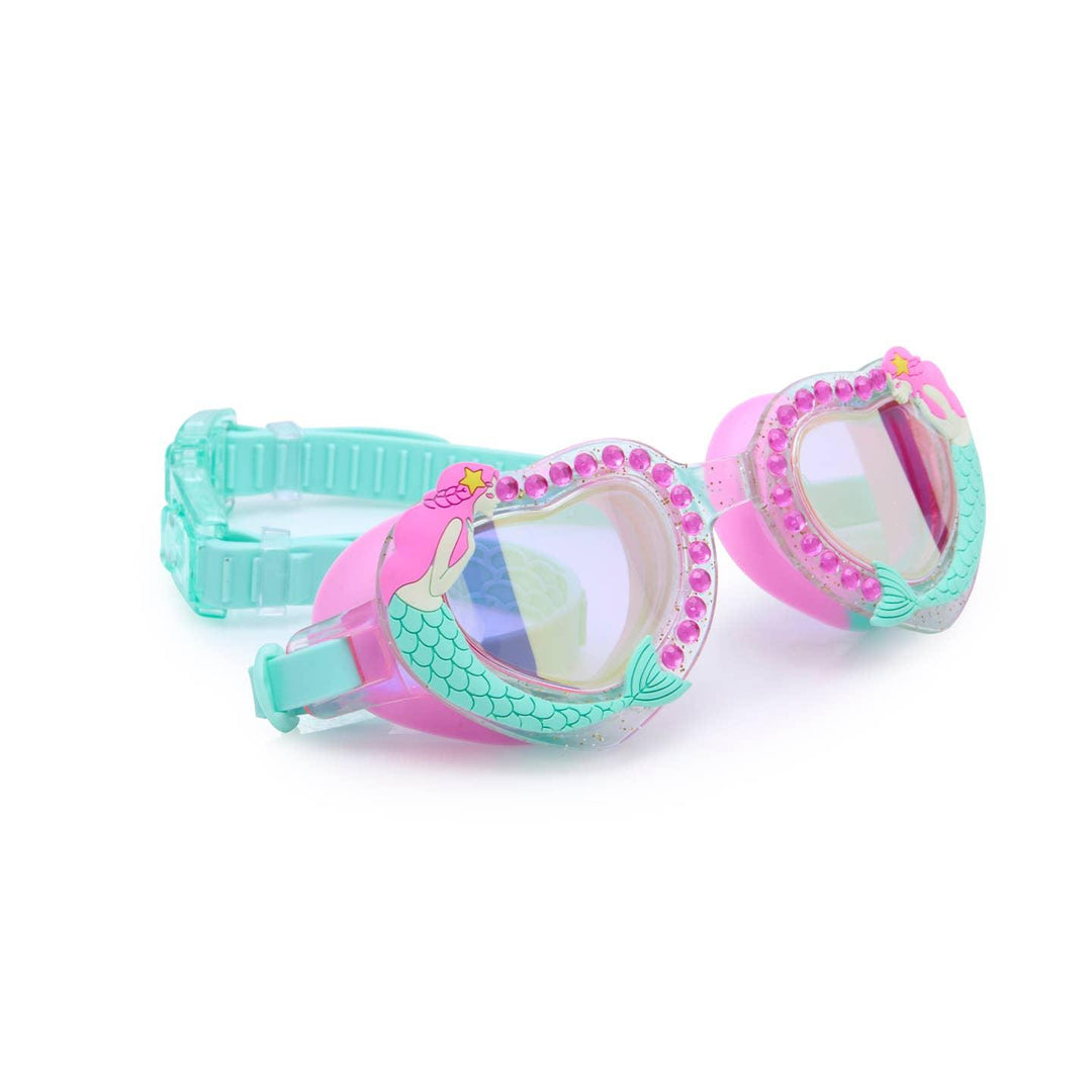 sidewview of the mermaid goggles with a close up of the mermaid with pink hair. 
