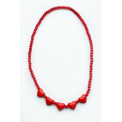 red beaeded necklace with 5 small red hearts at the center of the necklace