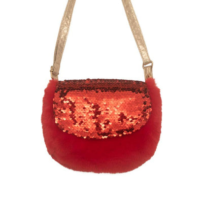 Fluffy Red crossbody bag with red sequin flap as a closure. Gold strap