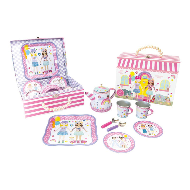 Children's tea set with pink and white striped box, cups, saucers, and a teapot on a white background.