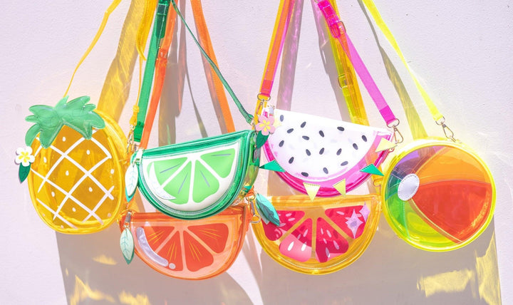 plastic handbags in summer fruit theme, all coloroful shapes and fruits. 