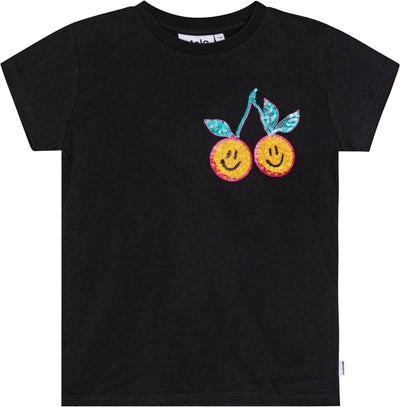 Molo's Ranva Black Organic Cotton T-Shirt with Smiling Cherries Emrbroidered on Left Side of Tee. 