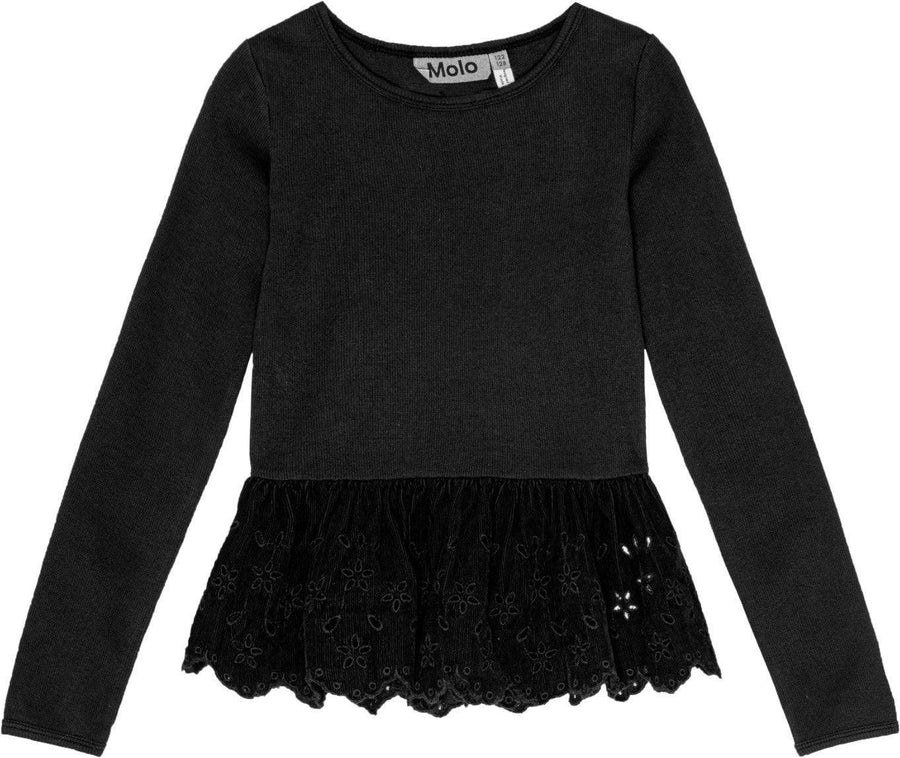 Black Riana Long Sleeve Round Neck Top from Molo featuring its corduroy peplum with cut out flower details. 