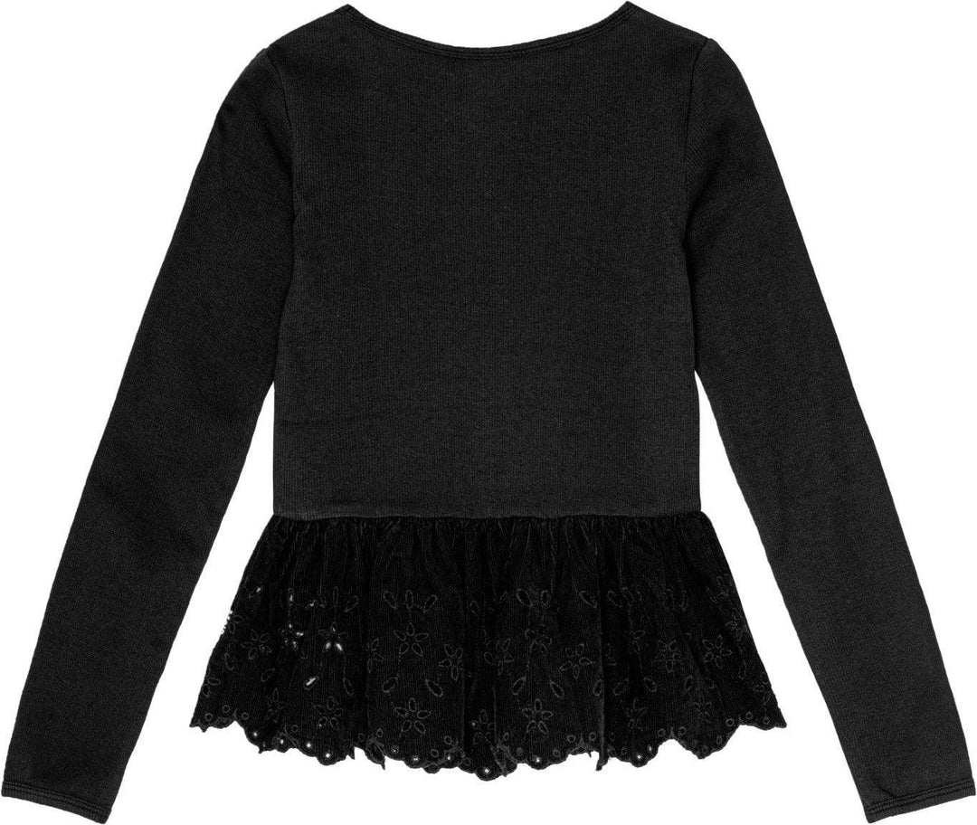 Black Riana Long Sleeve Top from Molo featuring its corduroy peplum with cut out flower details. 