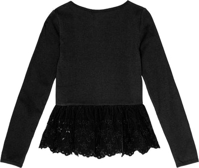 Black Riana Long Sleeve Top from Molo featuring its corduroy peplum with cut out flower details. 