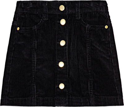 Molo Bera Black Velvet Corduroy Skirt with Gold Buttons running down the middle of the skirt. The skirt also has pockets and belt loops.