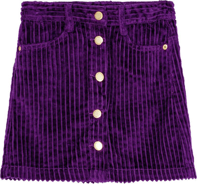 Molo Bera Warm Purple Velvet Corduroy Skirt with Gold Buttons Running Down the Middle of the Skirt. The Skirt also has pockets and belt loops.