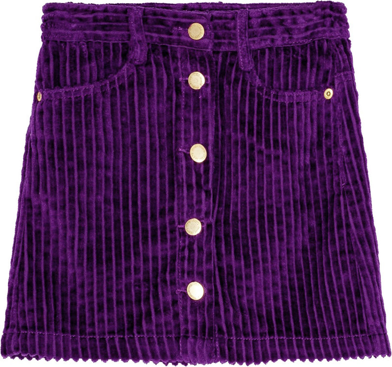 Molo Bera Warm Purple Velvet Corduroy Skirt with Gold Buttons Running Down the Middle of the Skirt. The Skirt also has pockets and belt loops.