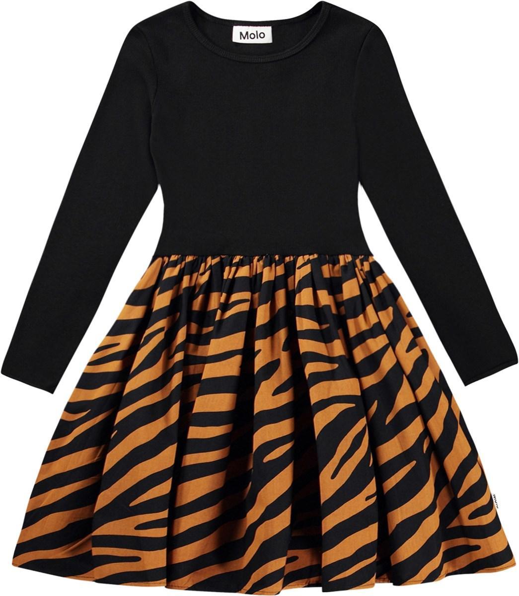 Molo Casie Zebra Denim Dress with black long sleeves and drop waist skirt with zebra print.