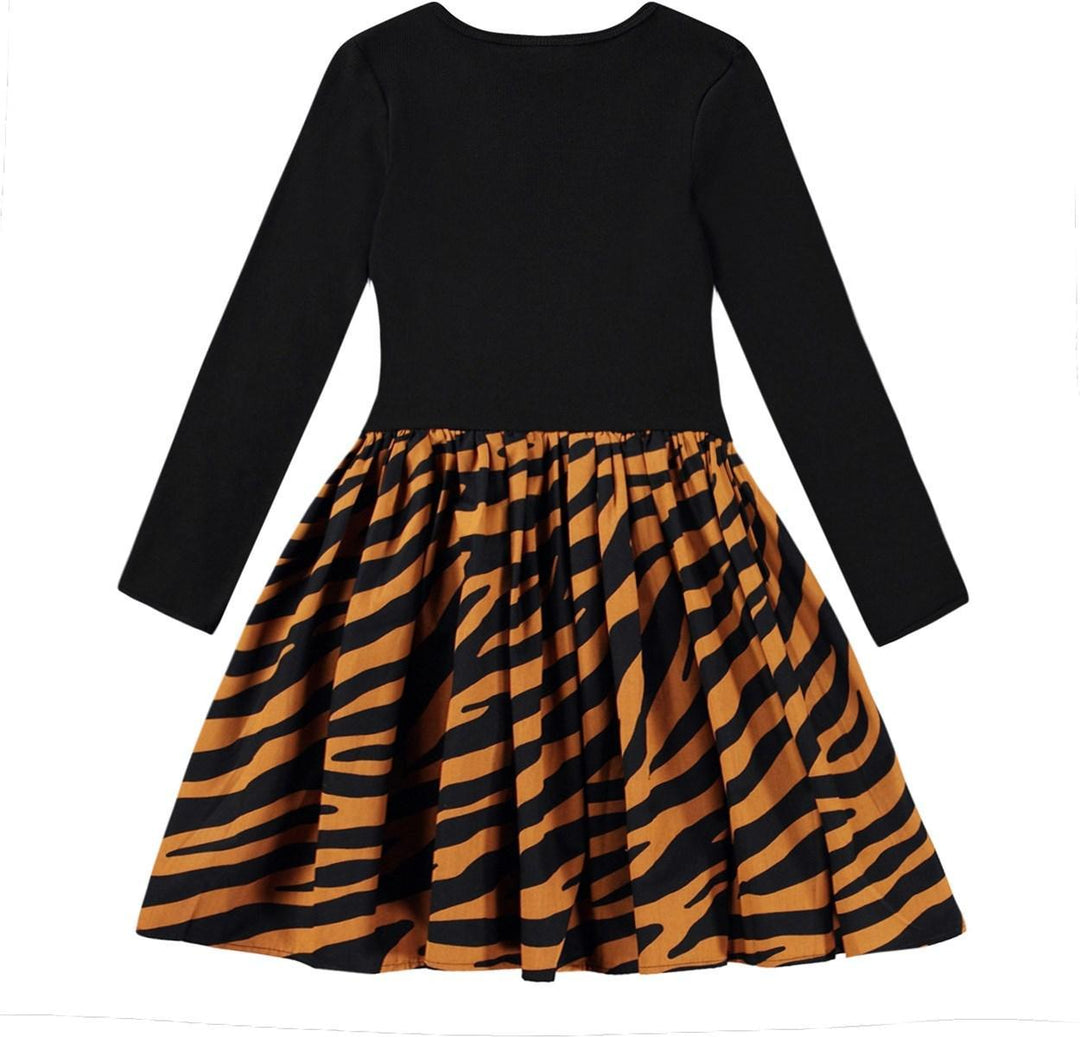 Molo Casie Zebra Denim Dress with black long sleeves and drop waist skirt with zebra print.