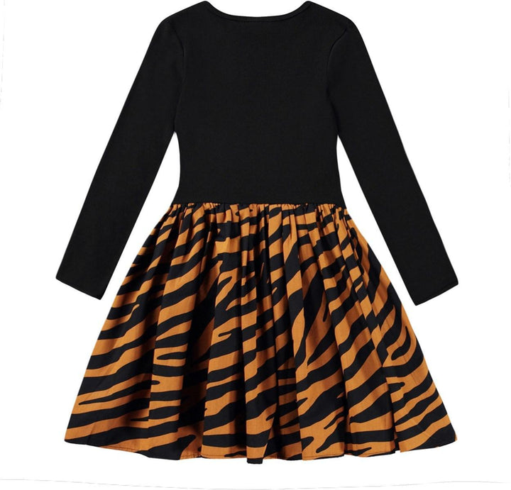 Molo Casie Zebra Denim Dress with black long sleeves and drop waist skirt with zebra print.