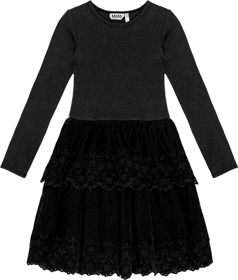 Molo Cerena Long Sleeve Round Neck Black Dress with Corduroy Skirt with Floral Cutouts.