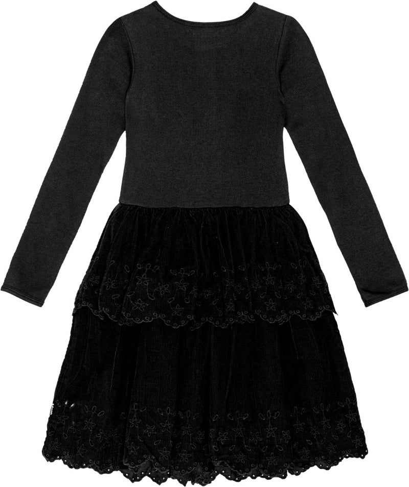 Molo Cerena Long Sleeve Round Neck Black Dress with Corduroy Skirt with Floral Cutouts.