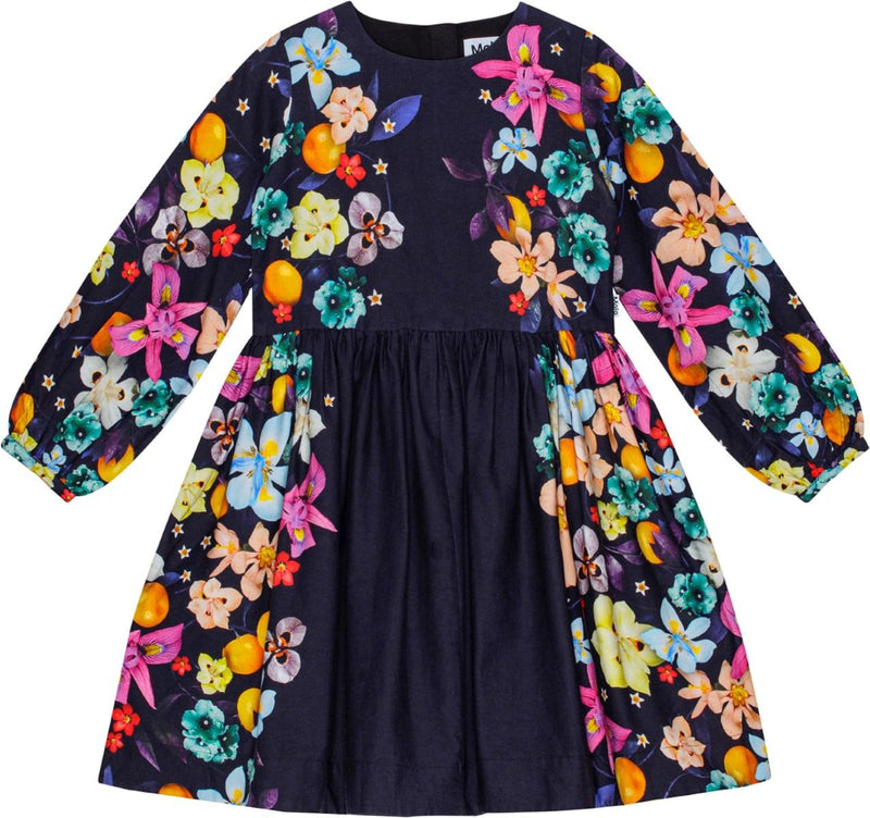 Black Como Vertical Garden Dress with long sleeves. The Sleeves are covered in flowers and the side of the dress has flowers. 