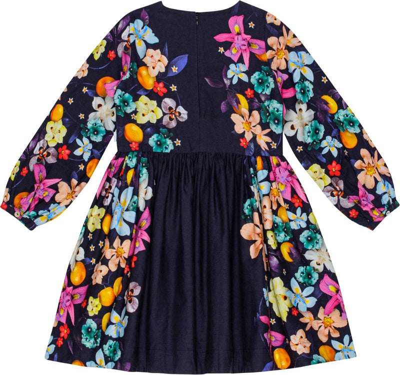 Black Como Vertical Garden Dress with long sleeves. The Sleeves are covered in flowers and the side of the dress has flowers. 