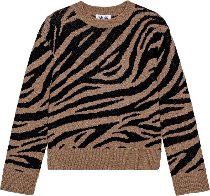 Molo Gerda Round Neck Zebra Print Wool Long Sleeve Sweater in Black and Brown.