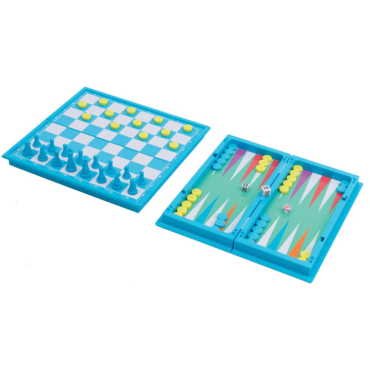 Two board games, checkers and backgammon, in blue cases on a white background.