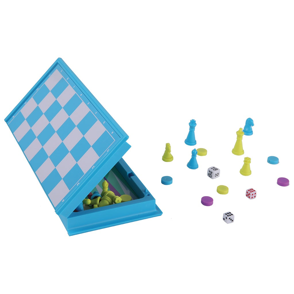 Blue chess set with pieces and dice on a white background