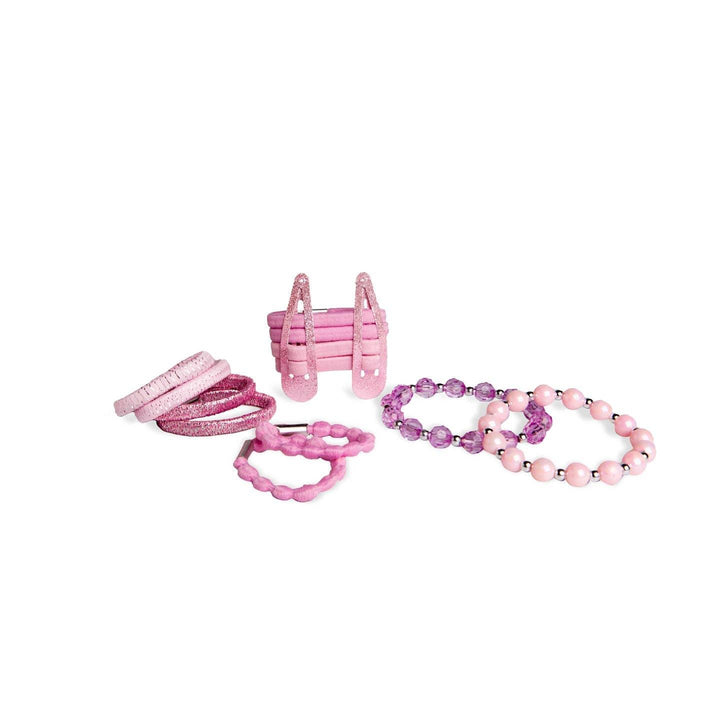 this picture shows you what comes inside: hair ties, clips and two bracelets- all pink. 