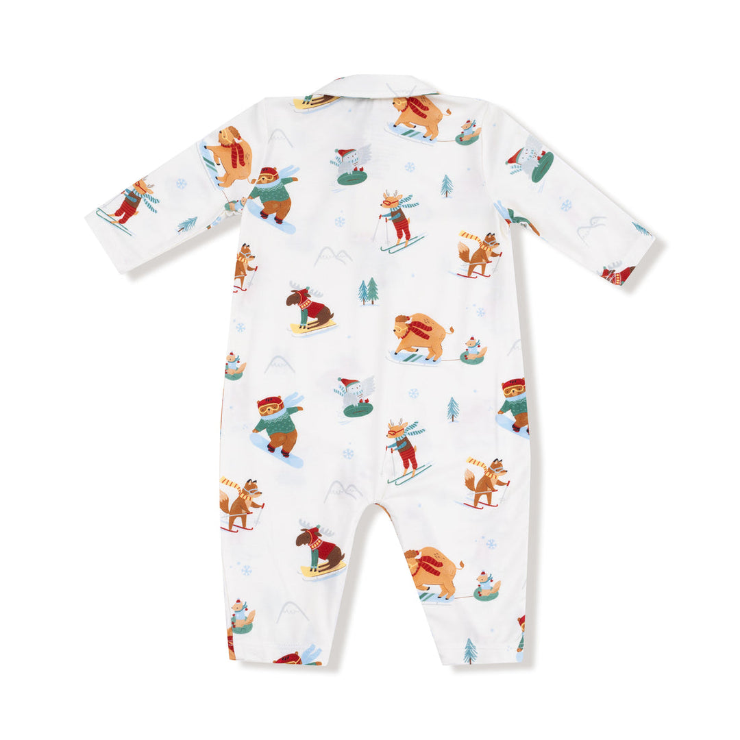 back of Baby onesie with cartoon animal design on a white background