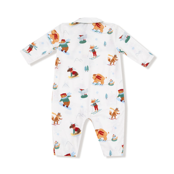 back of Baby onesie with cartoon animal design on a white background