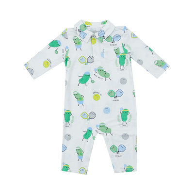 baby romper with polo shirt top and pickle ball design all over. 