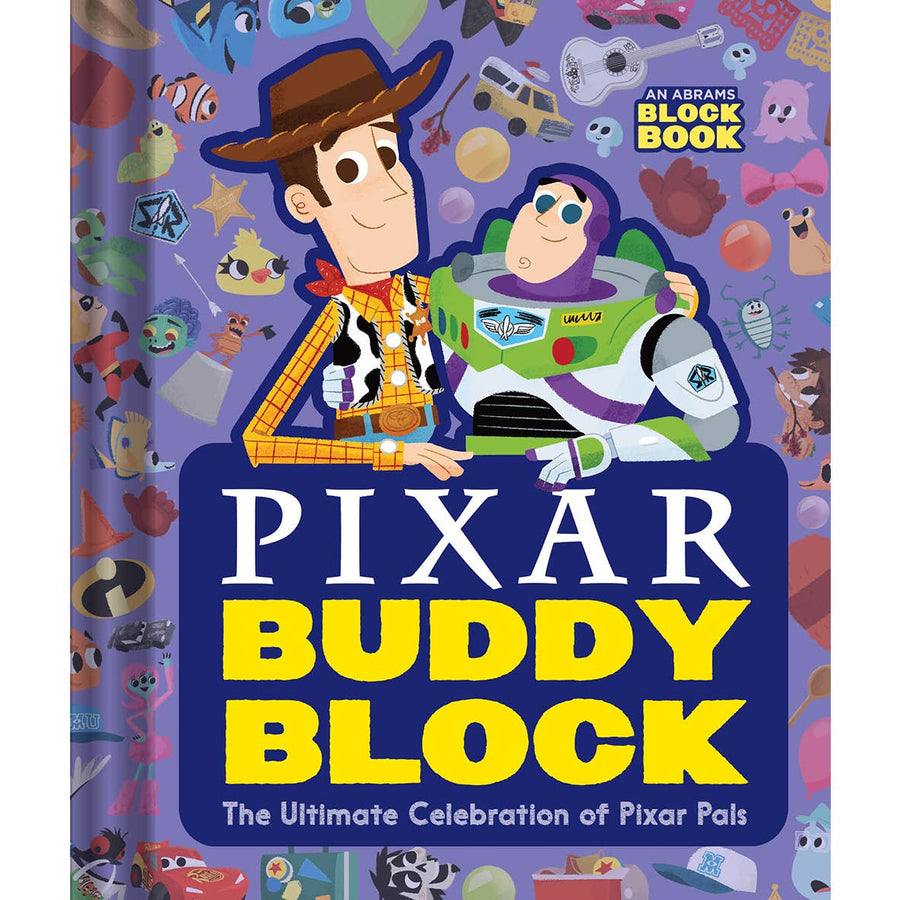 Book cover of 'Pixar Buddy Block' featuring characters from Pixar movies on a colorful background.