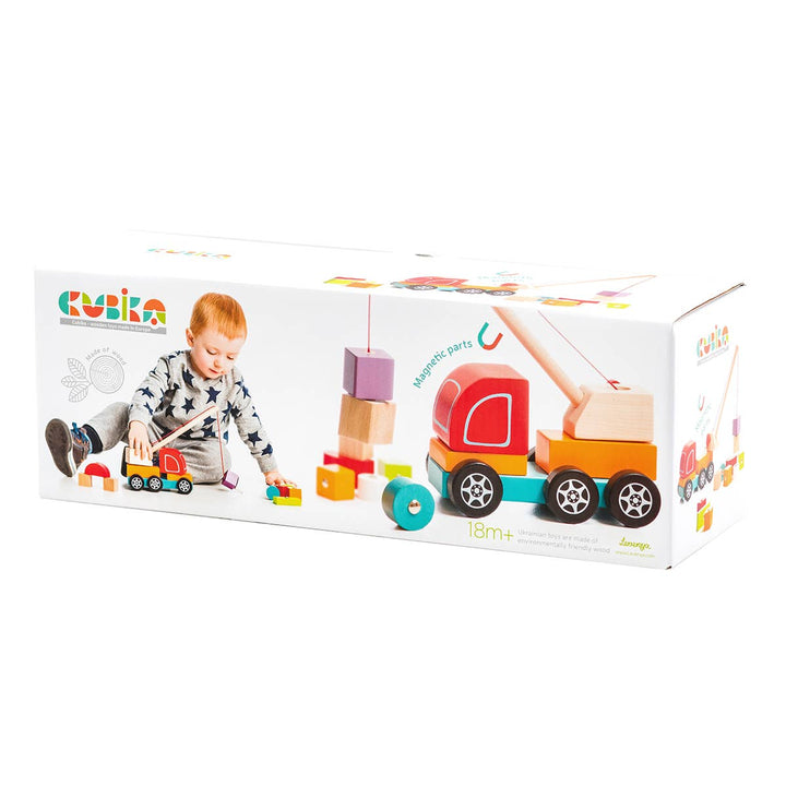 Cubika toy packaging with a child playing with a toy truck on a white background