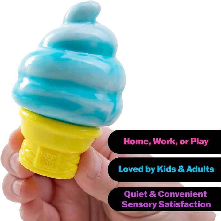Toy ice cream cone held in a hand with text about its uses and features.