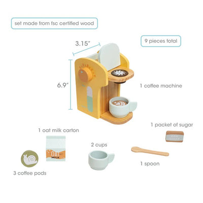 this picture shows the dimensions of the play coffee set and all of the items you need to make the coffee.