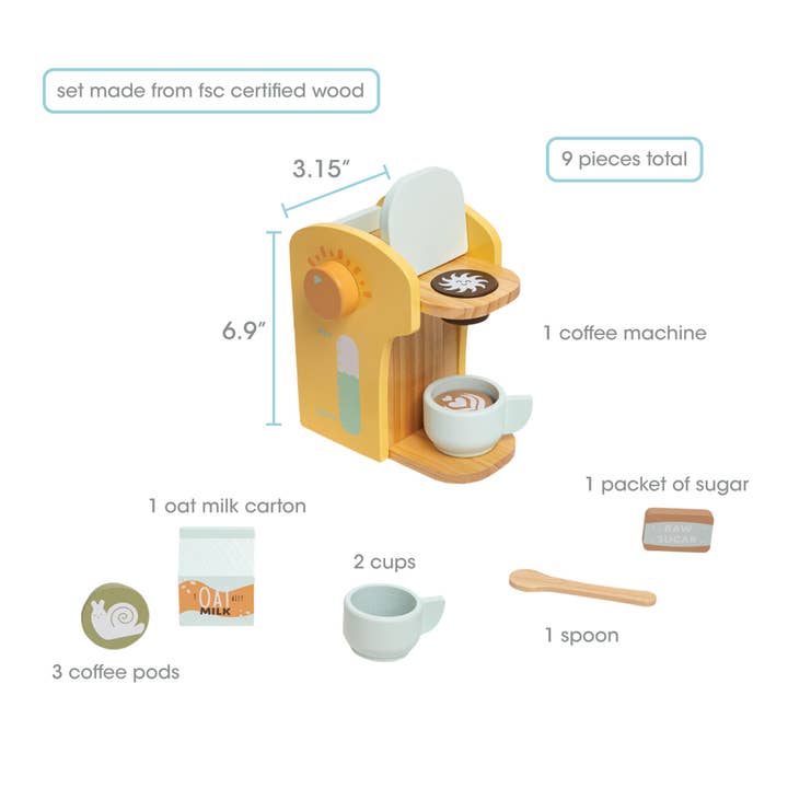 this picture shows the dimensions of the play coffee set and all of the items you need to make the coffee.