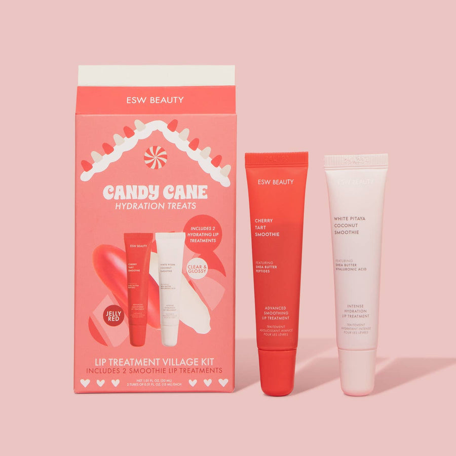 ESW Beauty Candy Cane Hydration Treats lip treatment village kit on a pink background