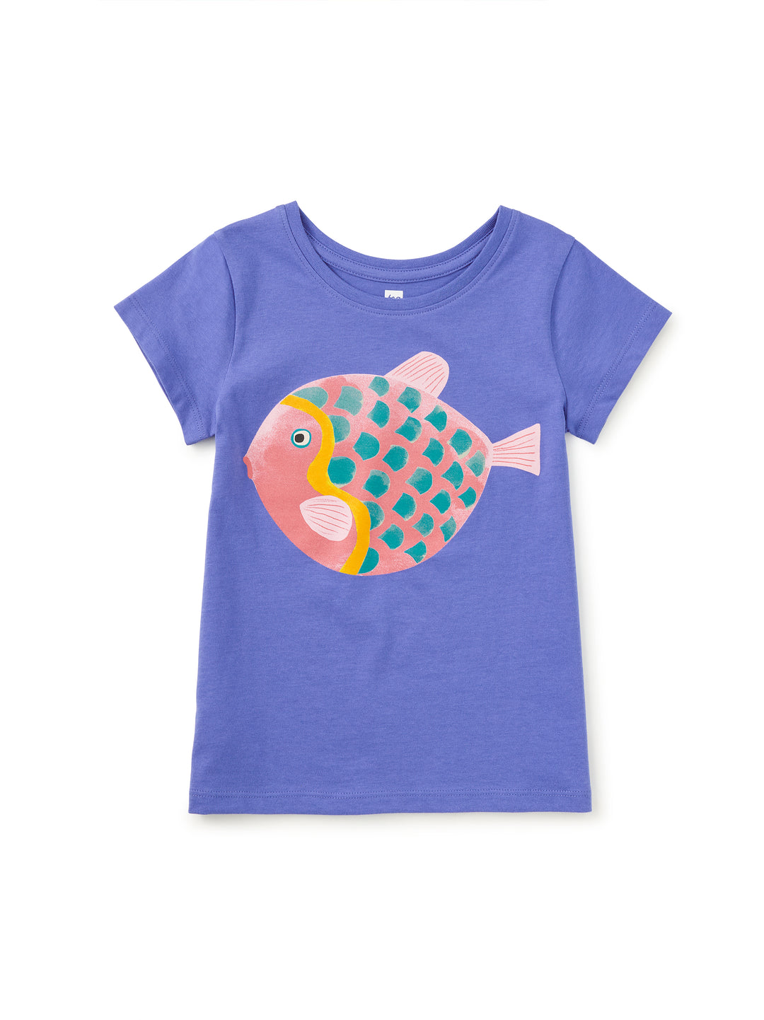Purple t-shirt with a fish graphic on a white background