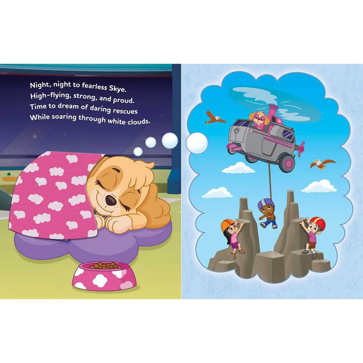 Illustrated book page with a dog in bed and an airplane scene on a white background
