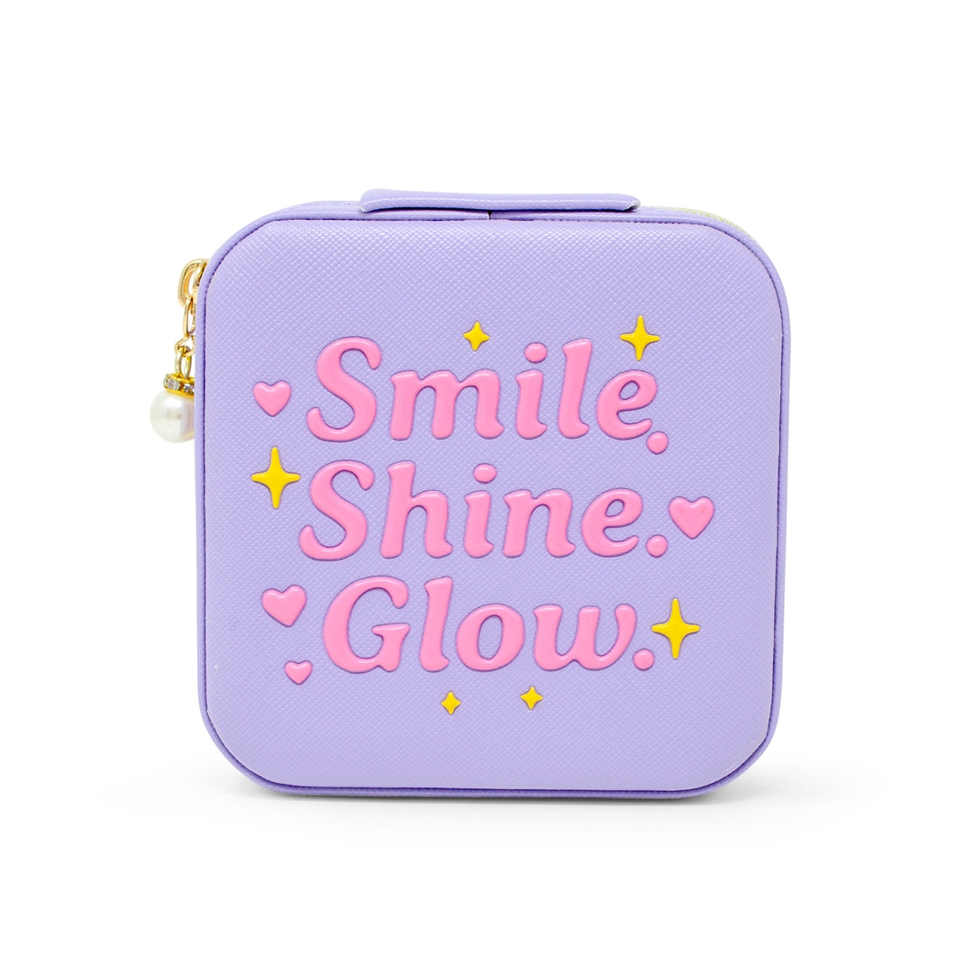 Purple case with 'Smile Shine Glow' text on a white background