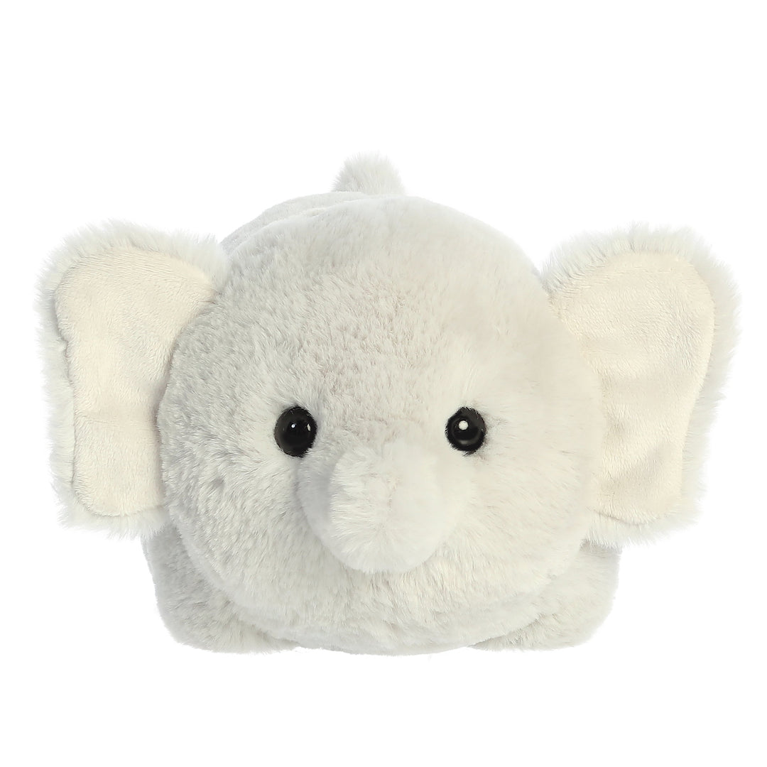 Plush toy elephant with a white body and gray ears on a white background