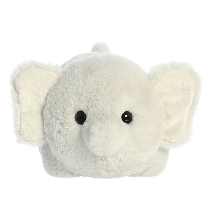 Plush toy elephant with a white body and gray ears on a white background