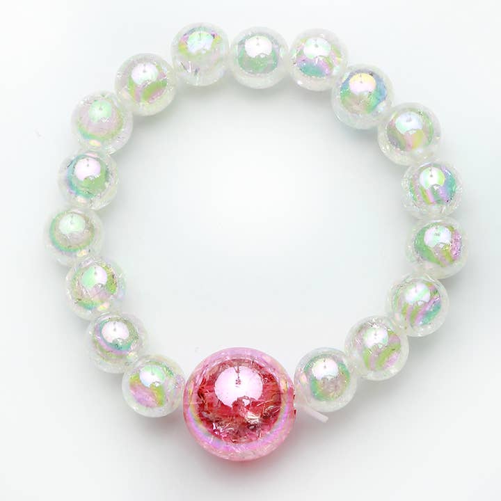 iridescent white beads with a center pink bead on elastic