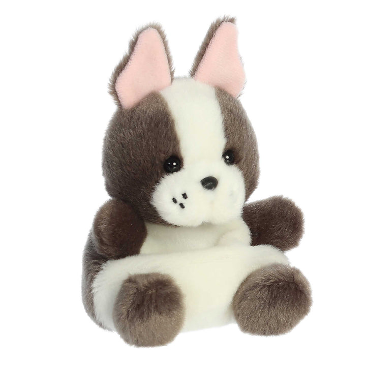 Plush toy resembling a dog with brown and white fur on a white background