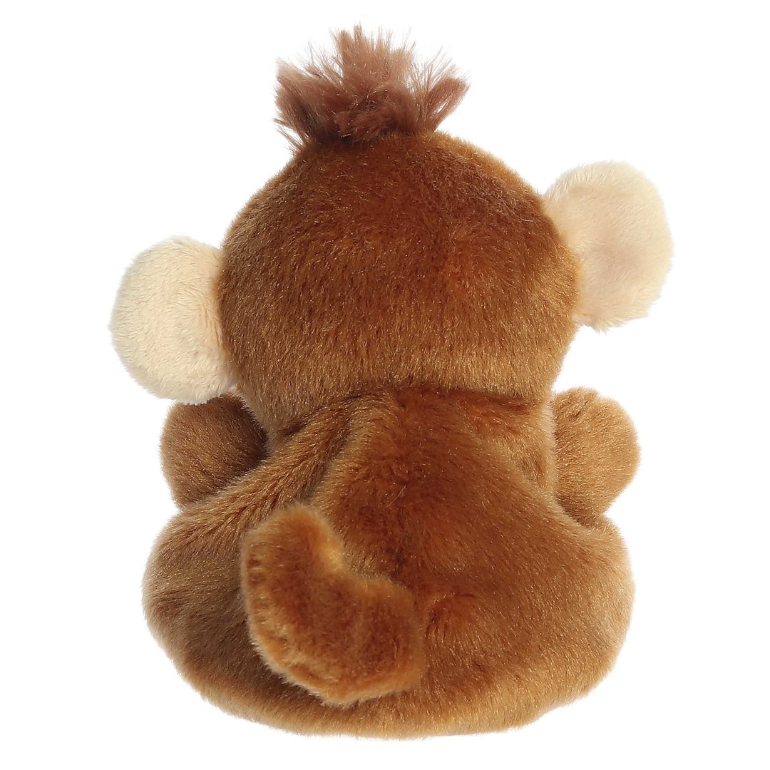 Back view of a brown plush monkey toy on a white background