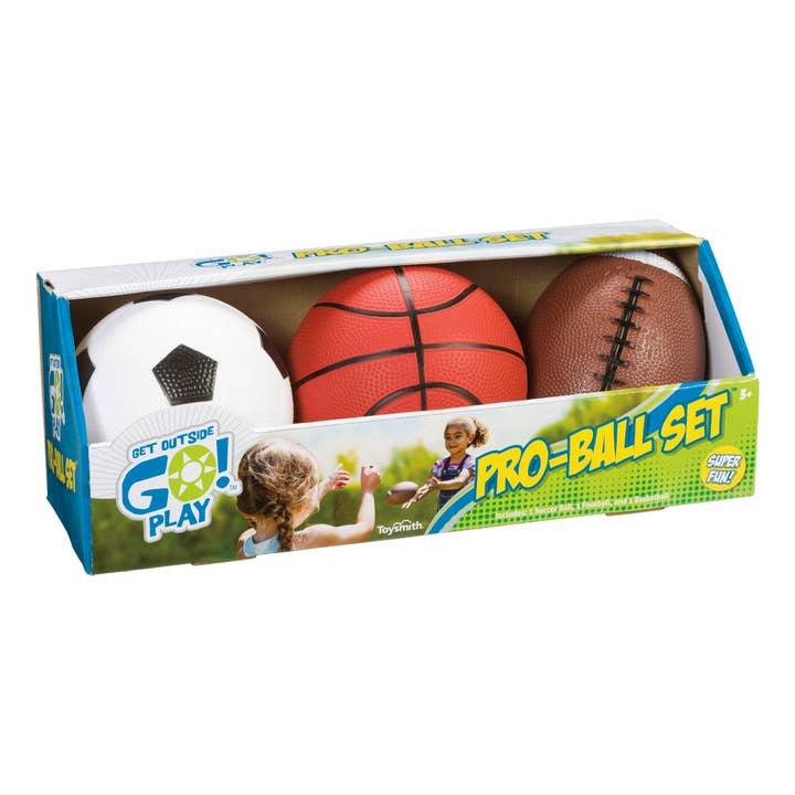 3 balls in a packaged box: soccer ball, basketball and football