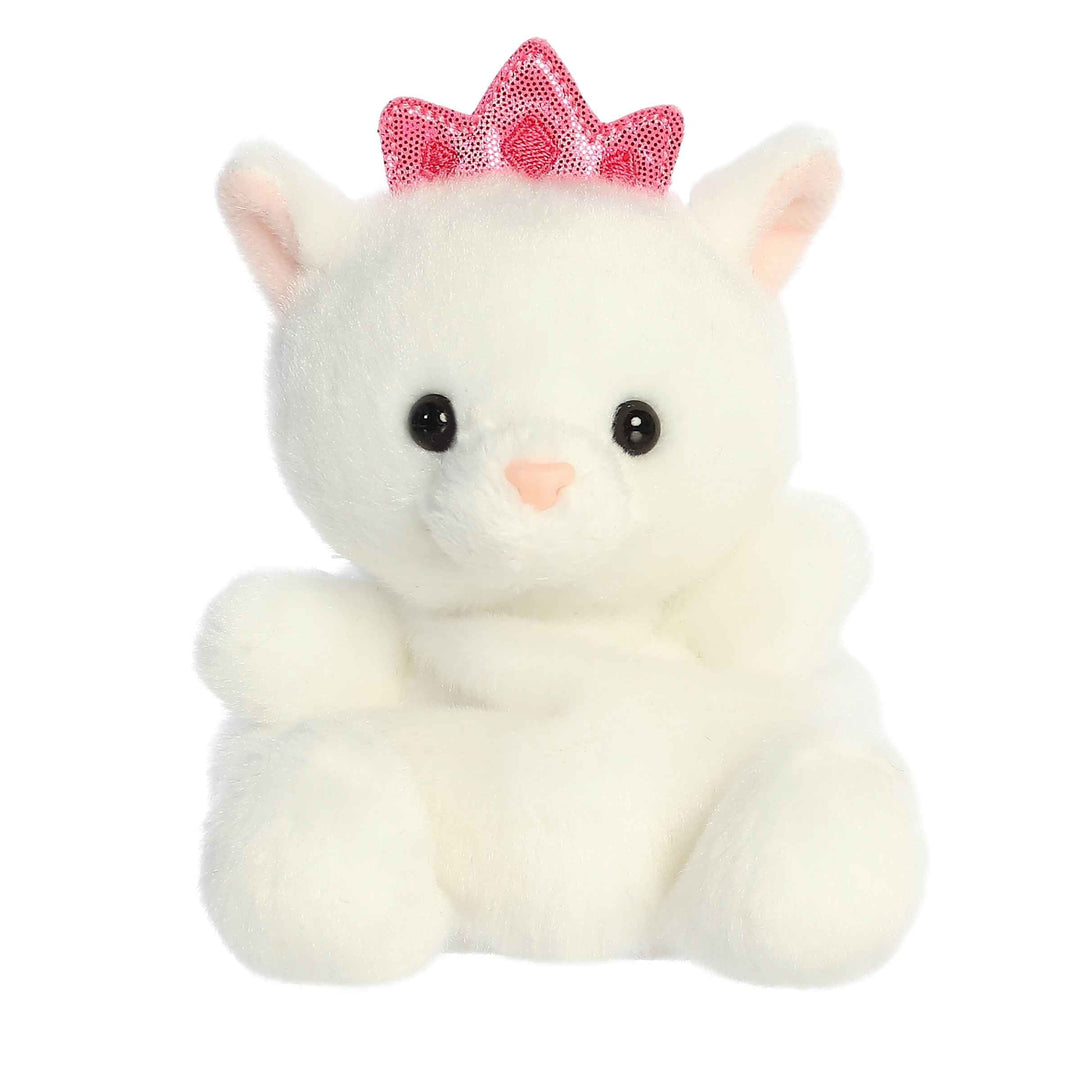 White plush cat toy with a pink bow on a white background