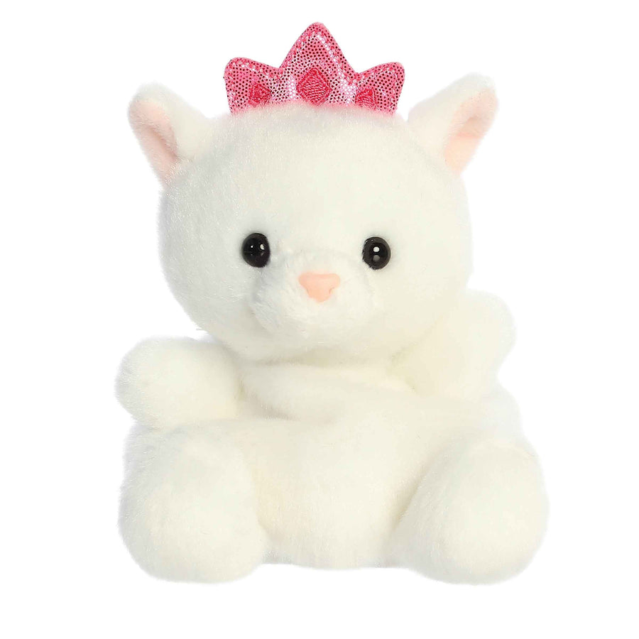 White plush cat toy with a pink bow on a white background