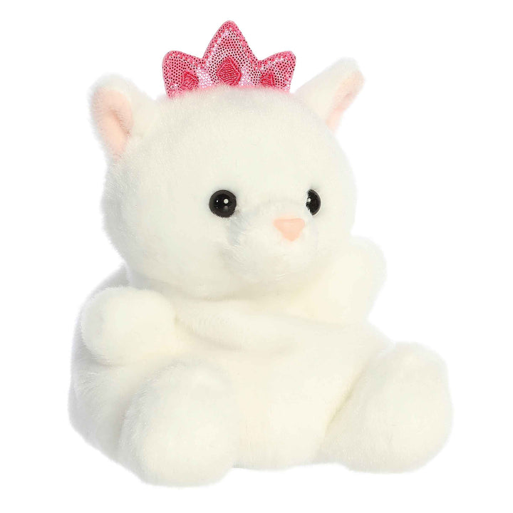 White plush cat toy with a red bow on a white background