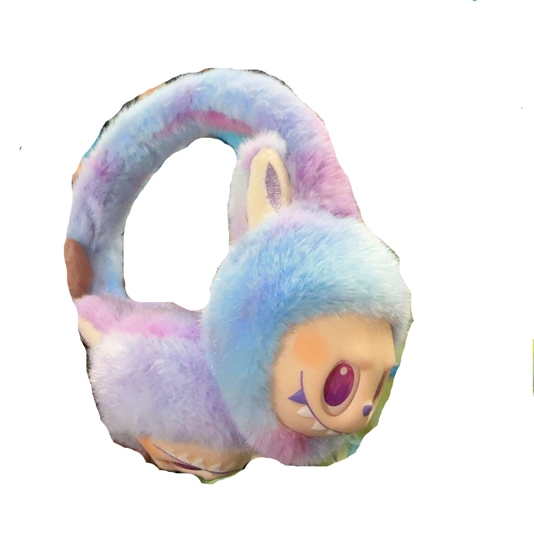 Colorful plush ear muffs with a character design held in front of a pile of similar plush toys.