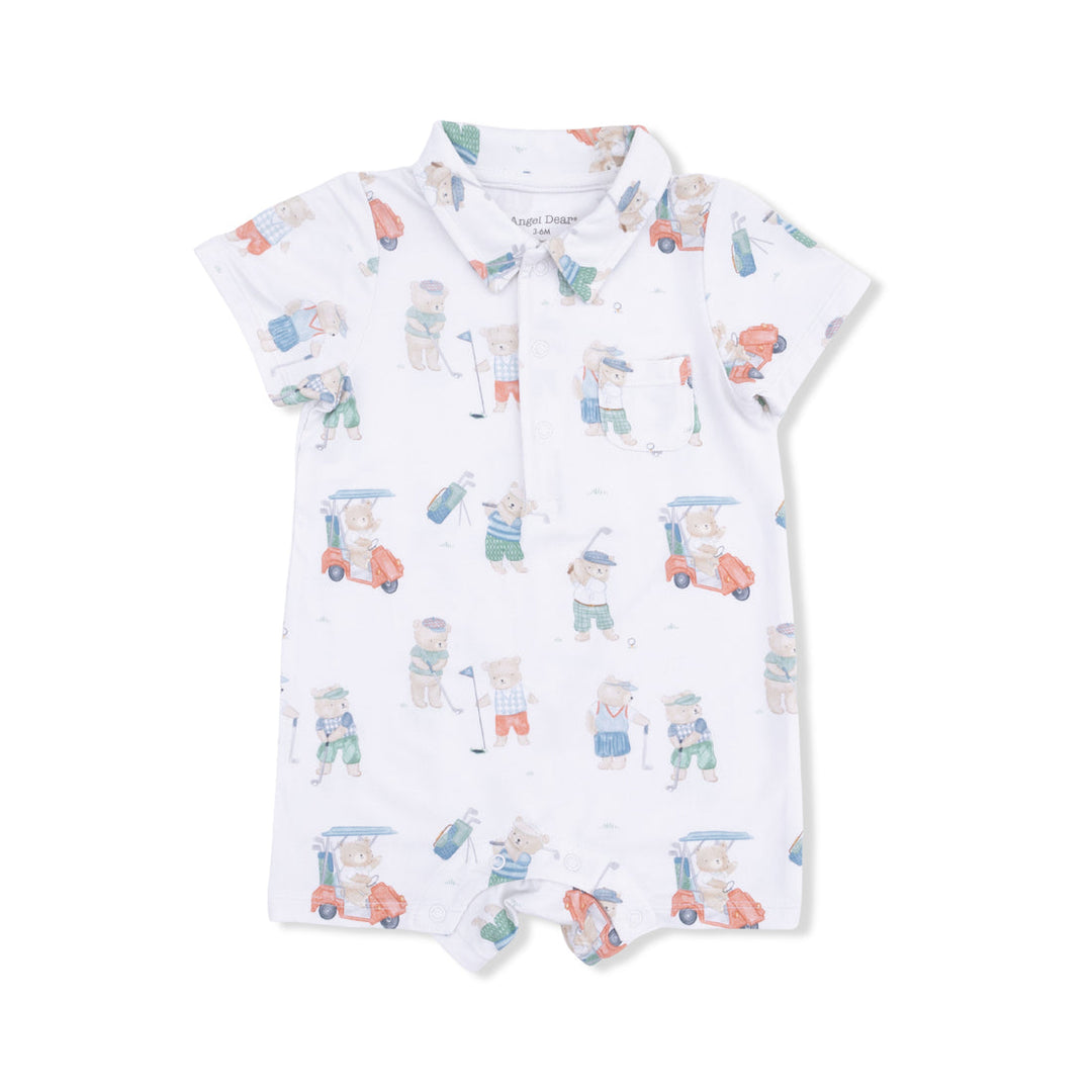 Baby romper with teddy bear and car pattern on a white background