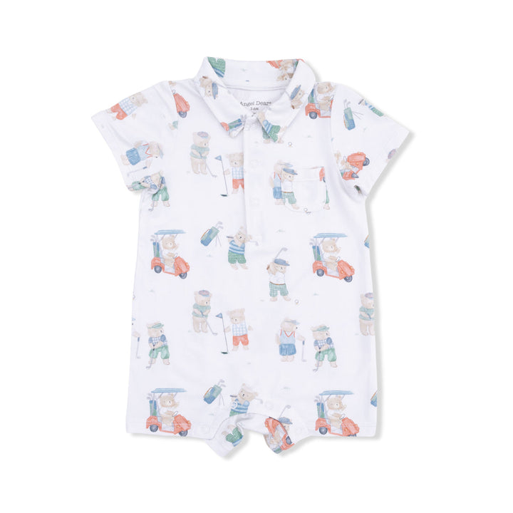 Baby romper with teddy bear and car pattern on a white background