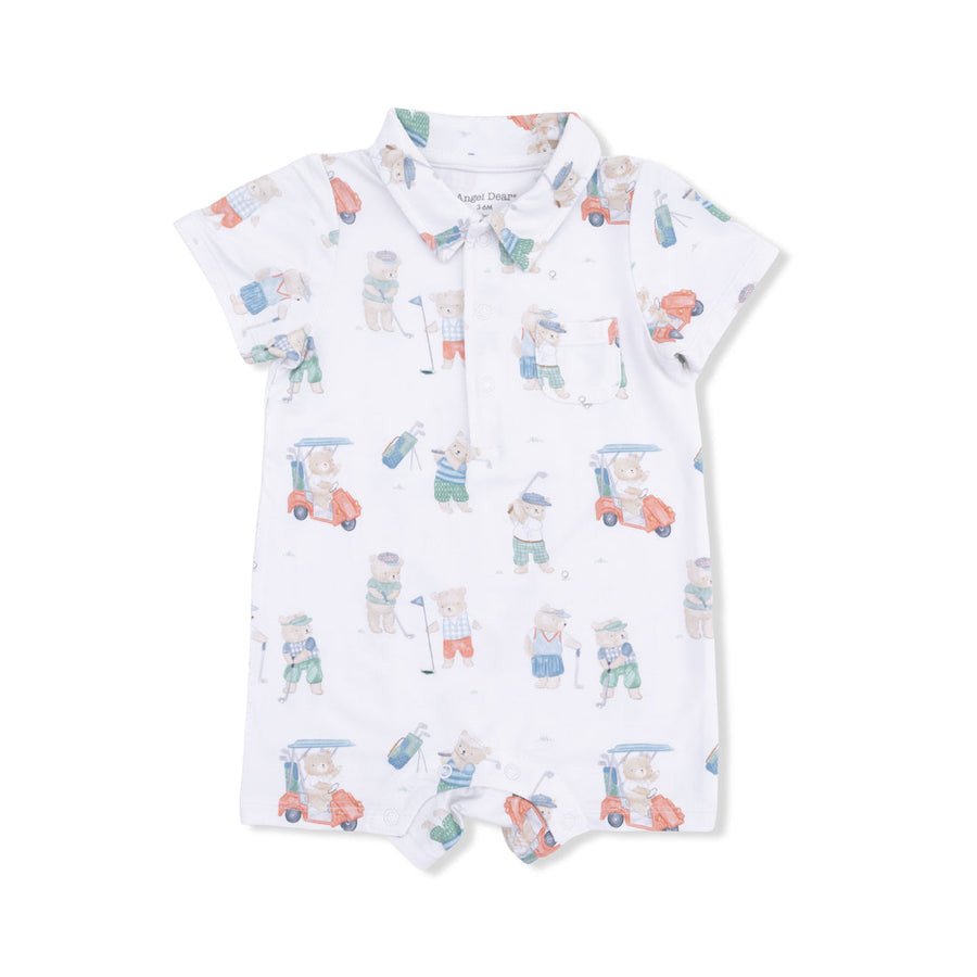 Baby romper with teddy bear and car pattern on a white background