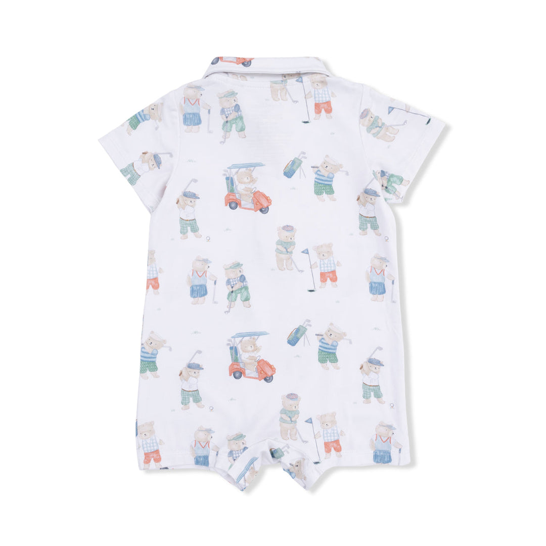 Back of Baby romper with teddy bear pattern on a white background